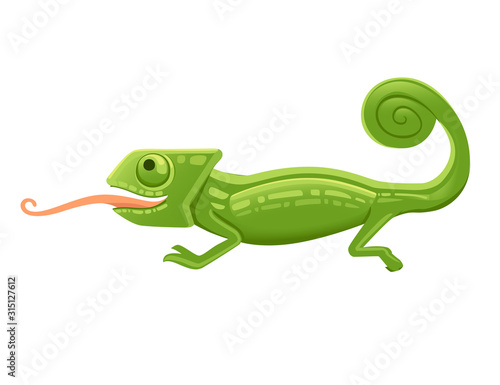 Cute small green chameleon with open mouth and long tongue lizard cartoon animal design flat vector illustration isolated on white background