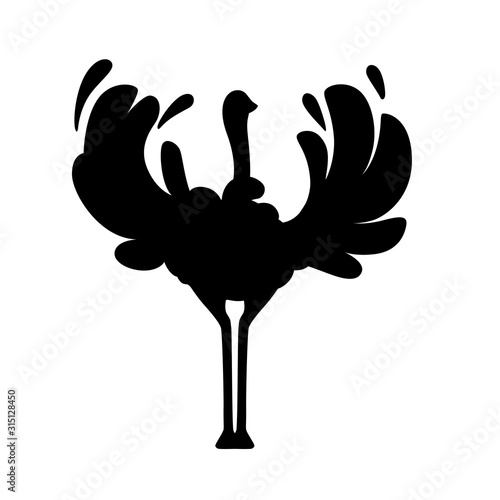Black silhouette сute ostrich stay on two legs african flightless bird cartoon animal design flat vector illustration isolated on white background