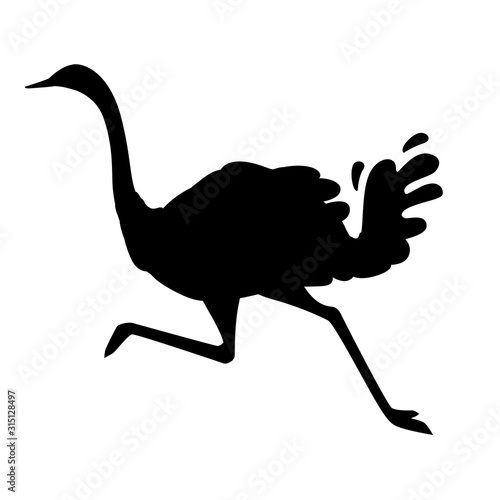 Black silhouette   ute ostrich running african flightless bird cartoon animal design flat vector illustration isolated on white background