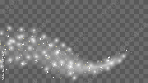 Gold glittering star dust trail sparkling particles isolated on transparent background. Vector white glitter wave abstract illustration. Light glow effect stars bursts with sparkles