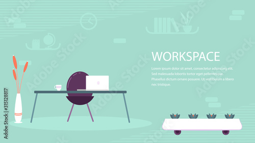 Simple modern workspace with blank space for text. Minimalistic style office space for freelance or coworking lifestyle. Flat vector illustration.