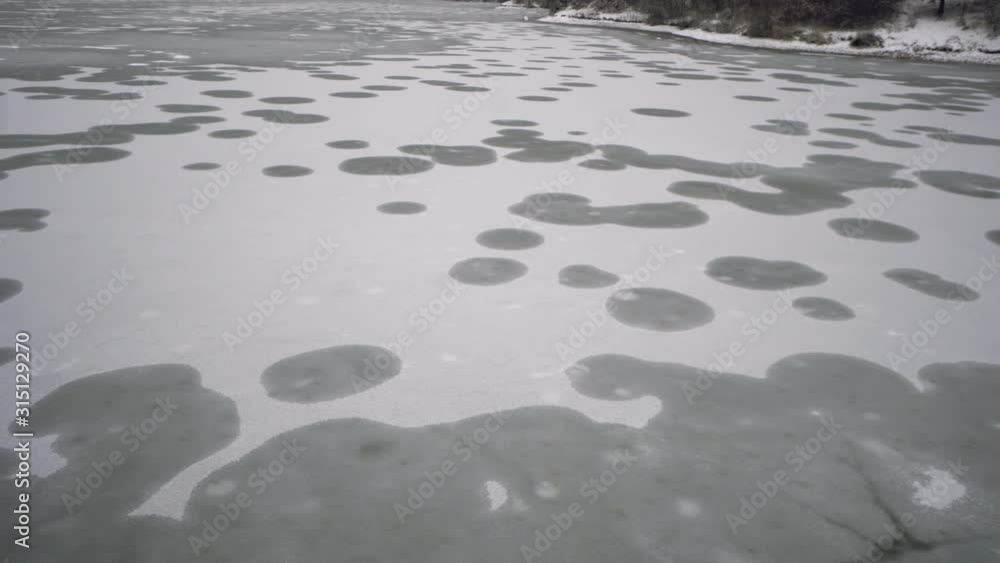 Aerial view of the winter snow covered forest and frozen lake Aerial view of the winter snow covered forest and frozen lake