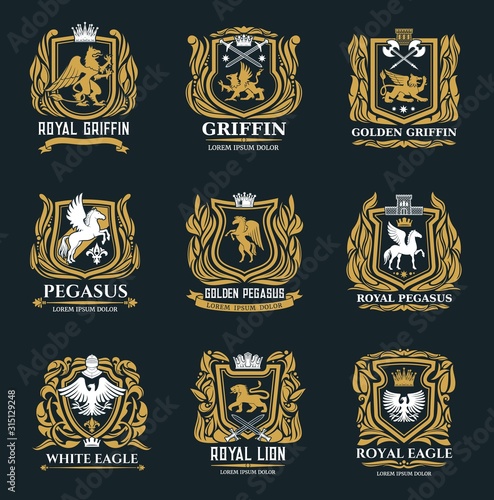 Heraldic royal vector icons of golden griffin, eagle, pegasus and lion symbols. Medieval gold heraldry signs and coat of arms with imperial castle, swords and crown in ornate wreath