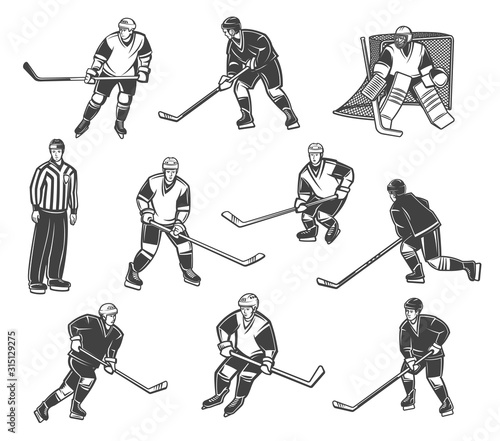 Ice hockey referee and players in motion, vector characters. Professional ice hockey sport team goalkeeper, forward and defender in professional hockey equipment, puck, stick and helmets