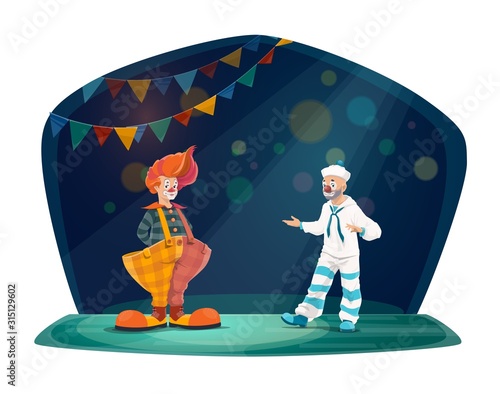 Circus and funfair carnival, circus vector cartoon characters. Clown in red wig and big trousers, mime artist performing entertainment jokes on big top circus stage