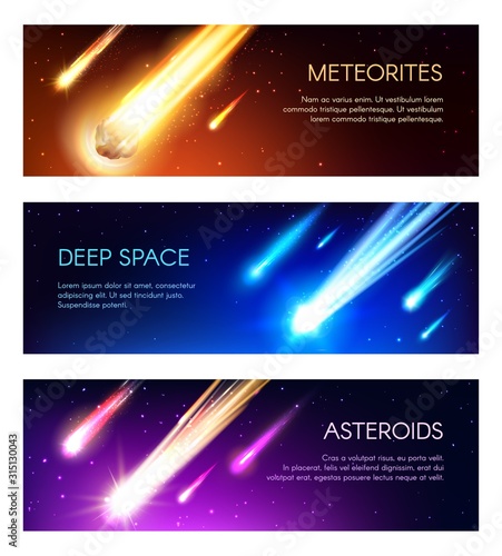 Galaxy outer space banners. Vector meteors, meteorites and asteroids fall. Space universe, meteors and comets with sparkling neon light trails falling on planets