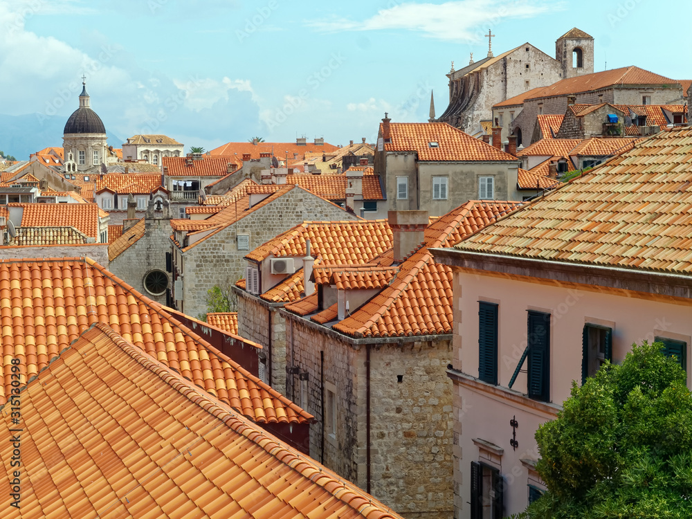View from the medieval city walls of the tile rooftops, Old City, Dubrovnik, Croatiai