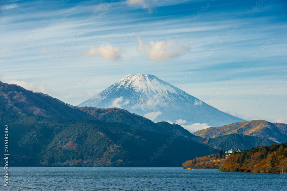 autumn scene of mountain Fuji and Lake Ashinoko, Hakone, Japan, travel background