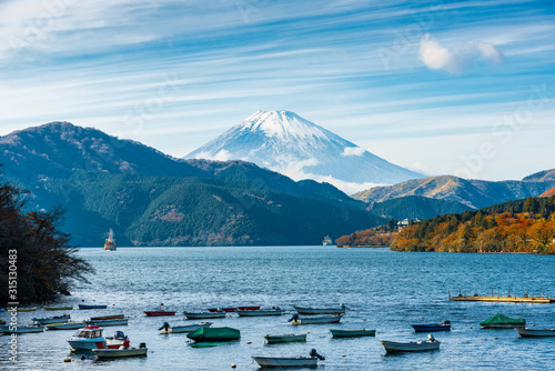 day autumn scene of mountain Fuji, Lake Ashinoko and boats, Hakone, Japan, travel background