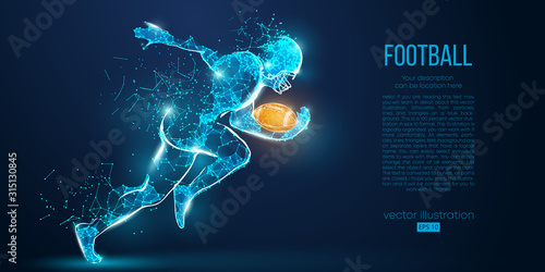 Abstract football player from particles, lines and triangles on blue background. Rugby. American footballer. All elements on a separate layers, color can be changed to any other in one click. Vector