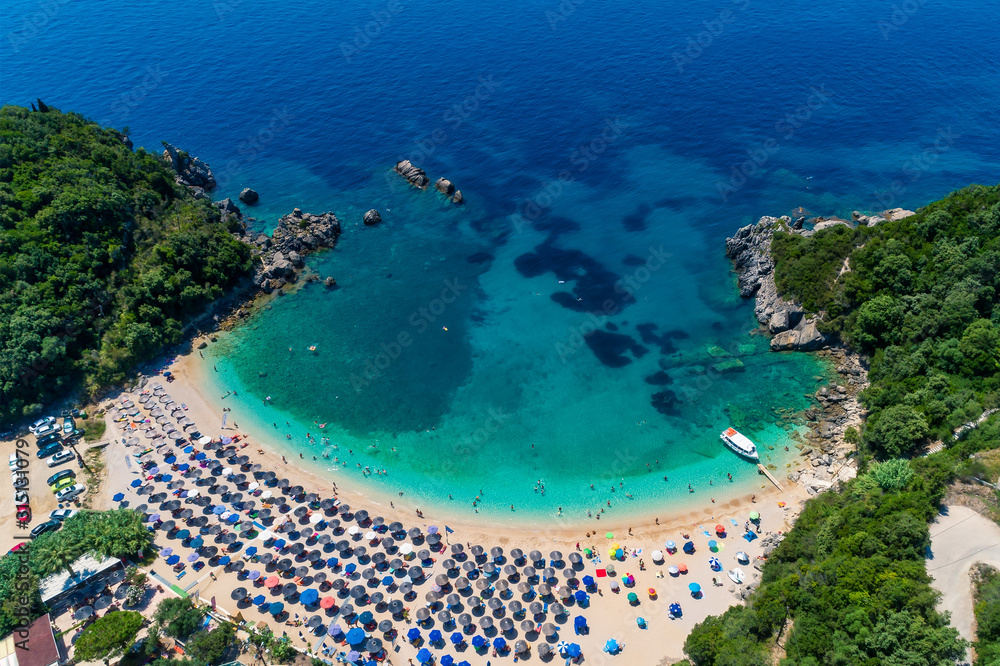 Aerial drone bird's eye view of Sarakiniko Beach with turquoise sea in Parga area, Ionian sea, Epirus, Greece