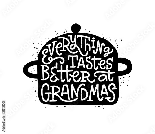 Cute saucepan with inscribed quote about grandmother on white background