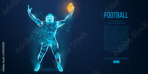 Abstract football player from particles, lines and triangles on blue background. Rugby. American footballer. All elements on a separate layers, color can be changed to any other in one click. Vector