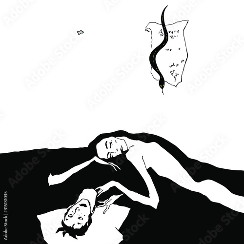 Pieta. Woman weeping over dead man. Black and white silhouette. Original style hand drawn art. Female and male archetypes.	