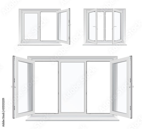 Windows with opened casements, vector white plastic frames, sills and glass panes, architecture and interior design. Realistic 3d windows with PVC, metal or aluminum profiles, locking handles