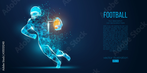 Abstract football player from particles, lines and triangles on blue background. Rugby. American footballer. All elements on a separate layers, color can be changed to any other in one click. Vector