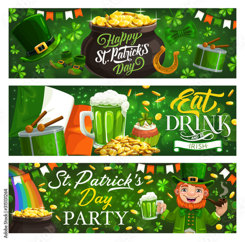 Happy Saint Patricks day banners. Vector Ireland flag, Patricks day leprechaun with gold coins pot, shamrock clover leaf and beer pint mugEat, drink and be Irish holiday quote