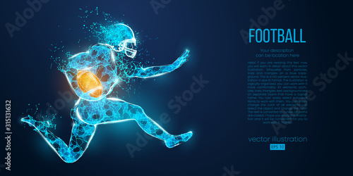Abstract football player from particles, lines and triangles on blue background. Rugby. American footballer. All elements on a separate layers, color can be changed to any other in one click. Vector