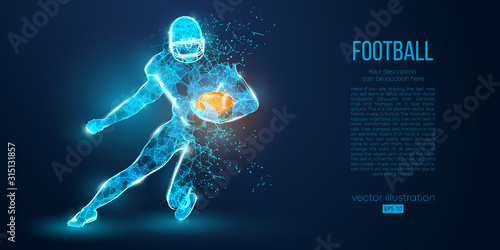 Abstract football player from particles, lines and triangles on blue background. Rugby. American footballer. All elements on a separate layers, color can be changed to any other in one click. Vector
