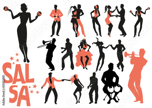 Salsa dance clipart collection. Set of latin music dancers and musician isolated on white background..