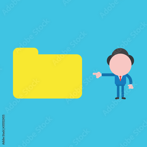Vector illustration of businessman character pinting closed file folder on blue background.