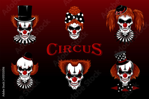 Set of vector images of evil skulls of clowns. Clowns in hats and jabot.