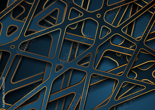Blue and golden papercut 3d stripes abstract background. Corporate geometric paper vector design