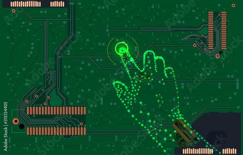 Vector Circuit Background with Glowing Cyber Human Hand, Push the Button.