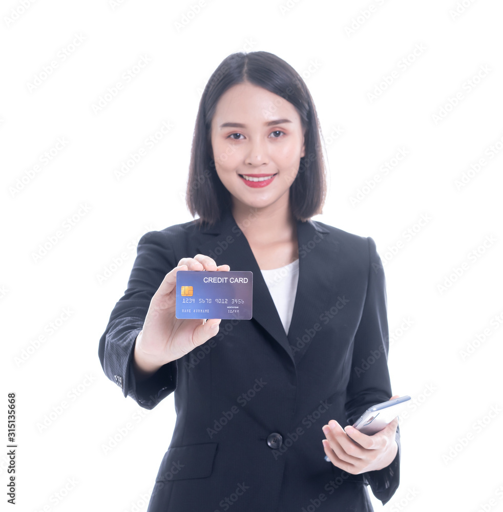 credit card Technology, Online shopping, Digital banking, home lifestyle, a beautiful Smiling Asian woman press card number for business payment, career, e-commerce trading. white background