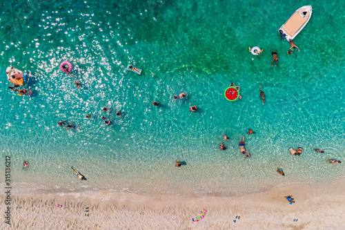 Aerial view of Sarakiniko Beach with turquoise sea in Parga area, Ionian sea, Epirus, Greece