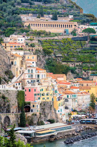 View of Amalfi village, coastline of south mediterranean sea, Sorrento, Italy.