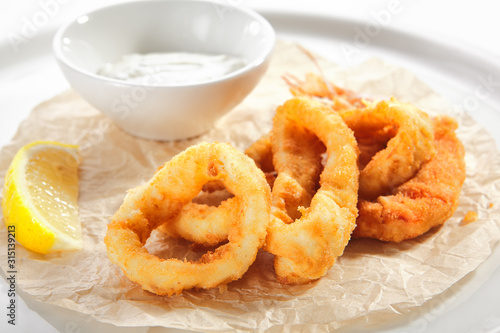 Breaded Fried Squid Rings and Shrimp with Tartar Sauce