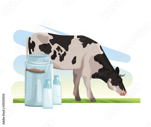 farming eating cow milk bottle and canister