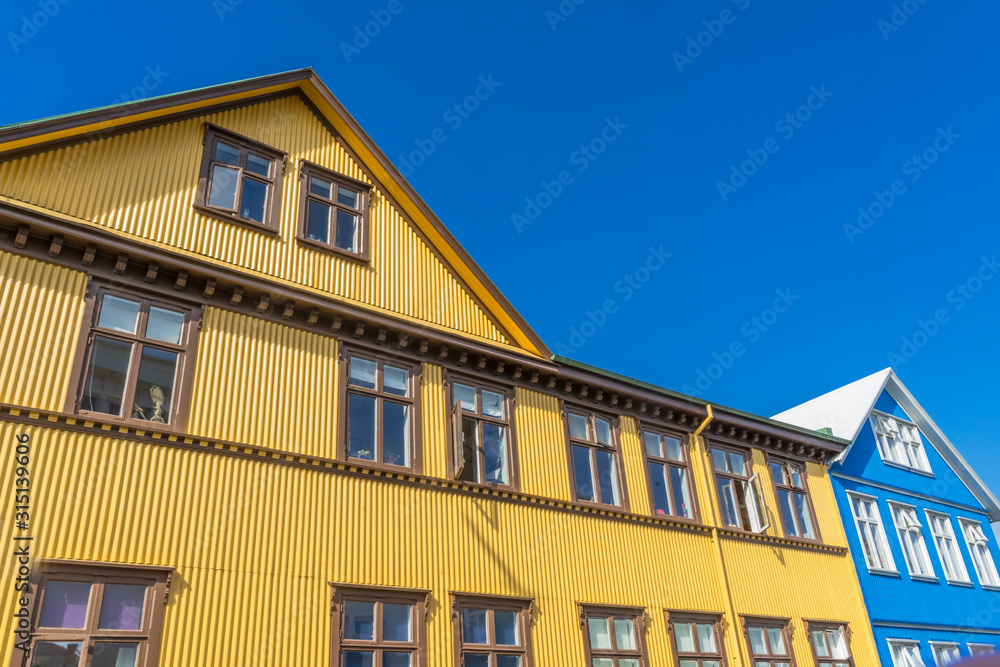 Yellow Blue Corrugated Iron Houses Street Reykjavik Iceland