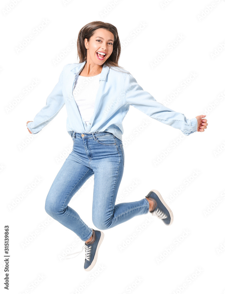 Jumping woman on white background Jumping woman on white background
