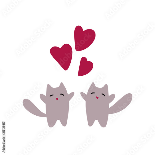 Two cute cats in love with red hearts. Valentines day greeting card. Vector illustration EPS 10.