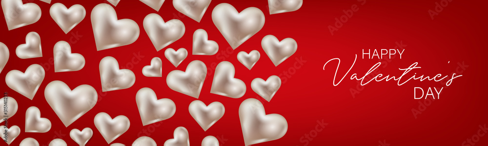 Fototapeta premium Valentines Day banner or website header background with 3d hearts. Love design concept. Romantic invitation or sale offer promo. Vector illustration.