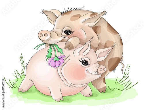 Vector illustrationTwo baby piglets boy and girl in love
