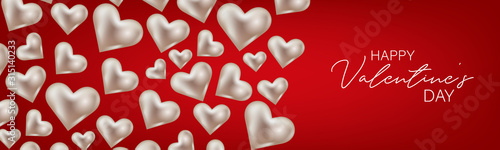 Valentines Day banner or website header background with 3d hearts. Love design concept. Romantic invitation or sale offer promo. Vector illustration.