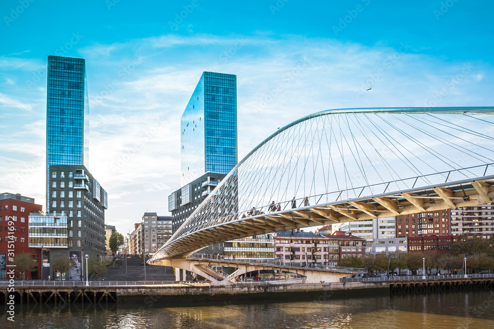 Naklejka premium Zubizuri bridge over the Nervion estuary in the Basque city of Bilbao in northern Spain