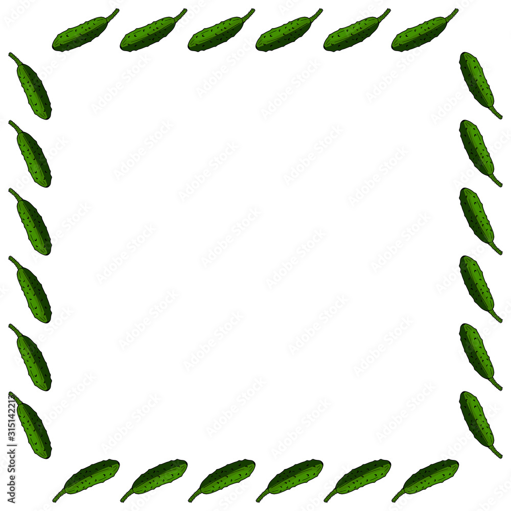 Square frame with horizontal vector cucumber. Isolated wreath on white background for your design Square frame with horizontal vector cucumber. Isolated wreath on white background for your design