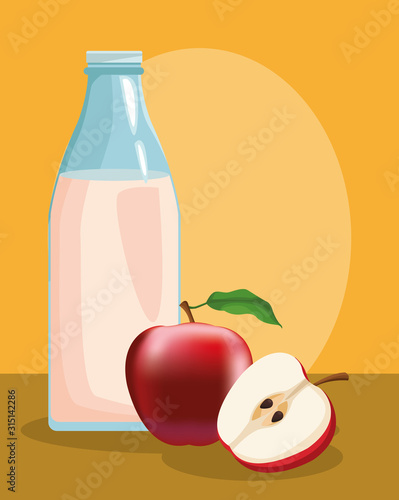 farming milk bottle and fresh apple cutting