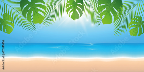 sunny summer day on the beach background with palm leaf vector illustration EPS10