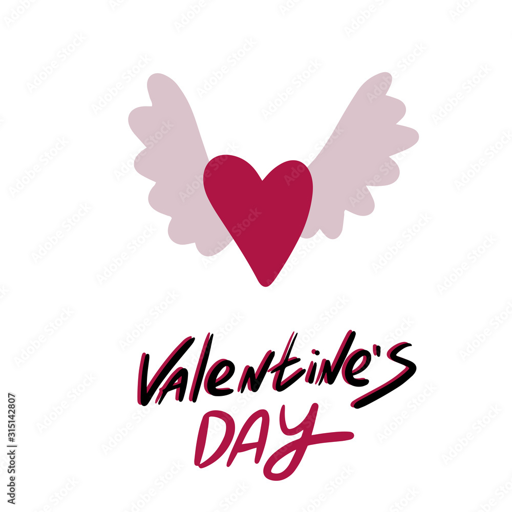 Red heart with grey wings. Valentines day lettering. Vector illustration EPS 10.