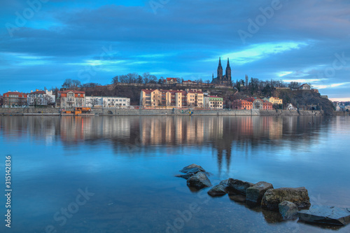 View on the Vysehrad fort in the dramatic evening, Prague,