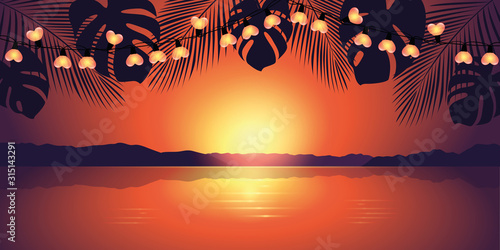 romantic sunset at paradise beach with heart fairy light vector illustration EPS10