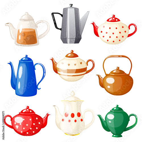 Cute set teapots on a white background. Сartoon style. Vector illustration.