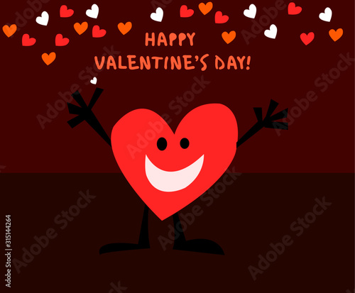 Carta o vector para san valentín,  corazón con los brazos abiertos con expresión de emoción
