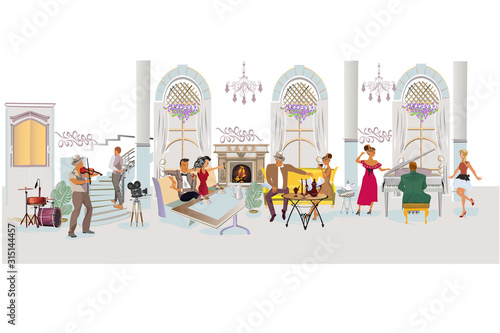Series of people drinking coffee inside romantic café, jazz musicians, waiters serve the tables. Hand drawn illustrations.
