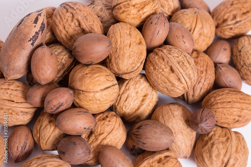 Nueces y nueces de pecán recolectadas sobre fondo blanco. photo